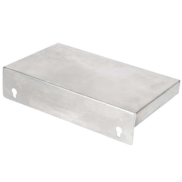 A silver stainless steel rectangular drip tray with two keyholes.