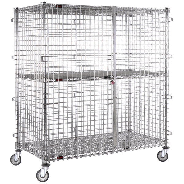 A large metal Eagle Group mobile security cage with wheels.