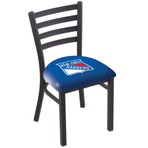 A black steel Holland Bar Stool chair with a blue padded seat and New York Rangers logo on the back.
