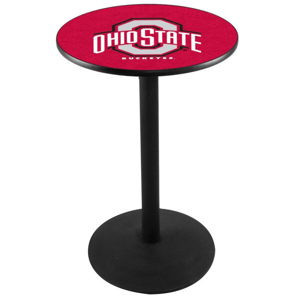 A Holland Bar Stool Ohio State University pub table with the Ohio State University logo on the table top.