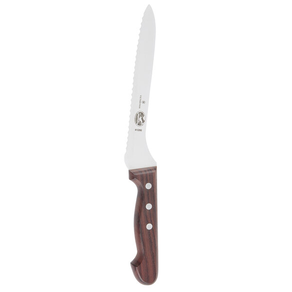 A Victorinox bread knife with a serrated edge and a rosewood handle.