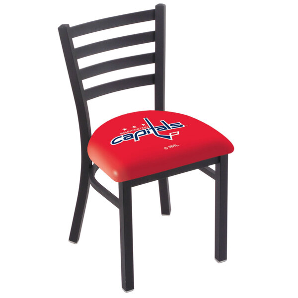 A black steel Holland Bar Stool side chair with a red padded seat featuring the Washington Capitals logo in blue.