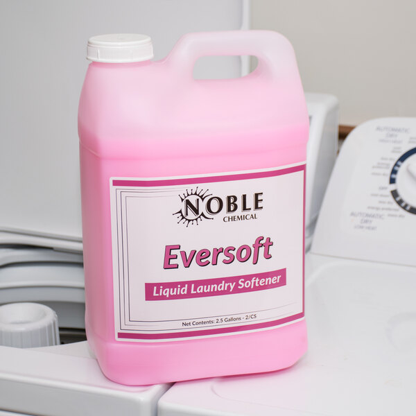 A pink Noble Chemical container of Eversoft concentrated liquid laundry softener.