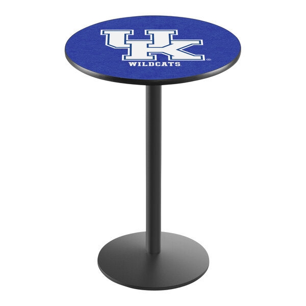 A Holland Bar Stool University of Kentucky pub table with blue surface and logo on round base.