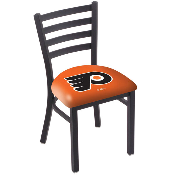 A black steel Holland Bar Stool side chair with Philadelphia Flyers logo on the padded seat and ladder back.
