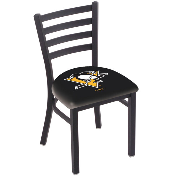 Holland Bar Stool L00418PitPen Black Steel Pittsburgh Penguins Chair with Ladder Back and Padded Seat