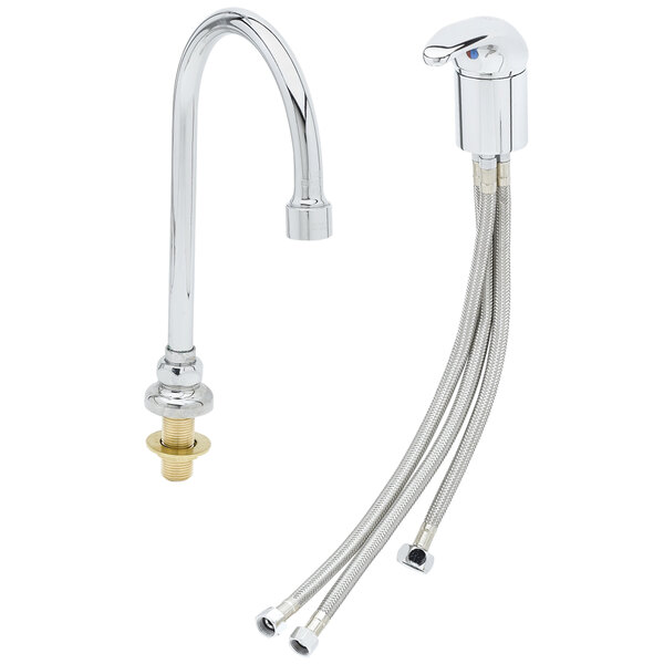A T&S chrome deck mounted faucet with a gooseneck spout and side mount lever control.