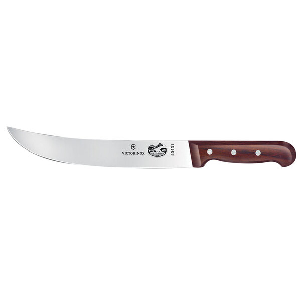 A Victorinox curved cimeter knife with a rosewood handle on a counter.