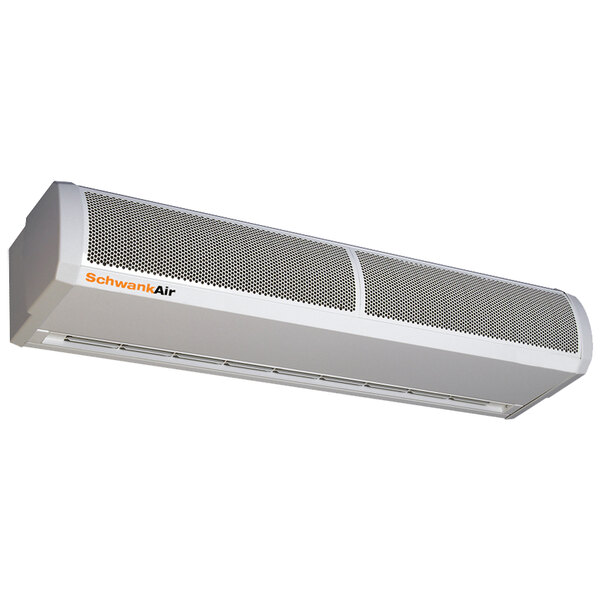 A white Schwank surface mounted air curtain with white and orange fan covers.