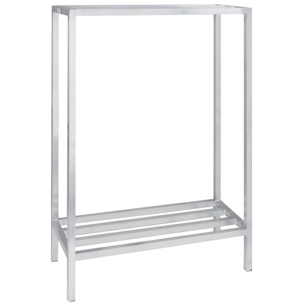A silver metal Channel dunnage shelving unit with two shelves.