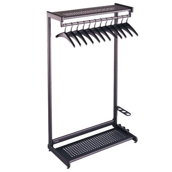 A black metal Quartet garment rack with two shelves and eight hangers on it.