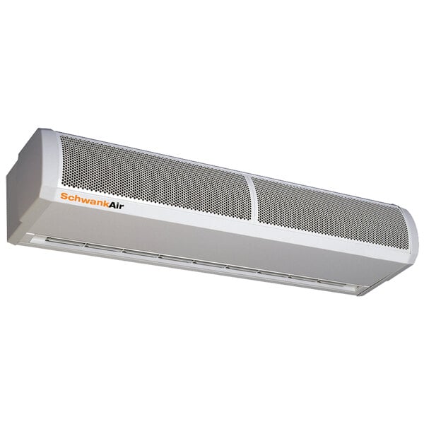 A white Schwank surface mounted air curtain with a white cover.