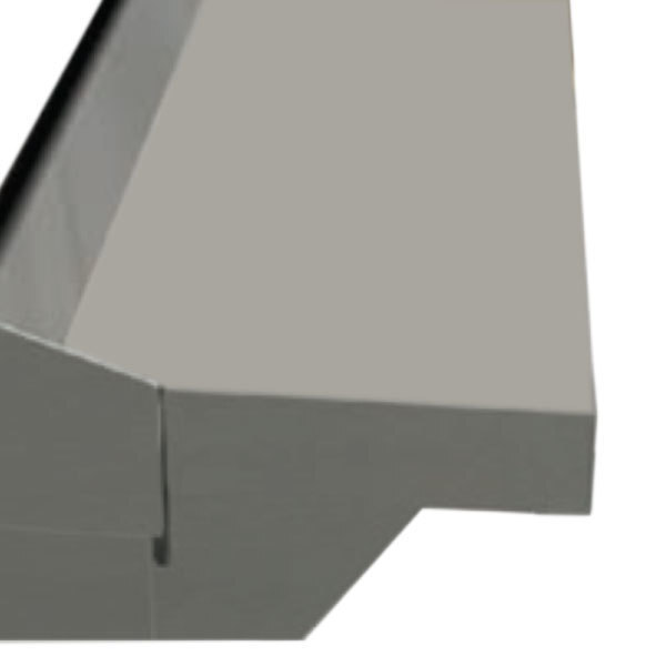 A close-up of a grey rectangular metal shelf.