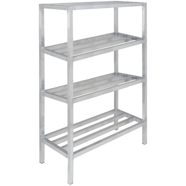 A silver metal shelf with four shelves.