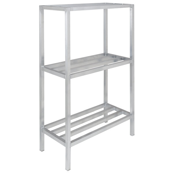 A silver metal Channel dunnage shelving unit with three shelves.