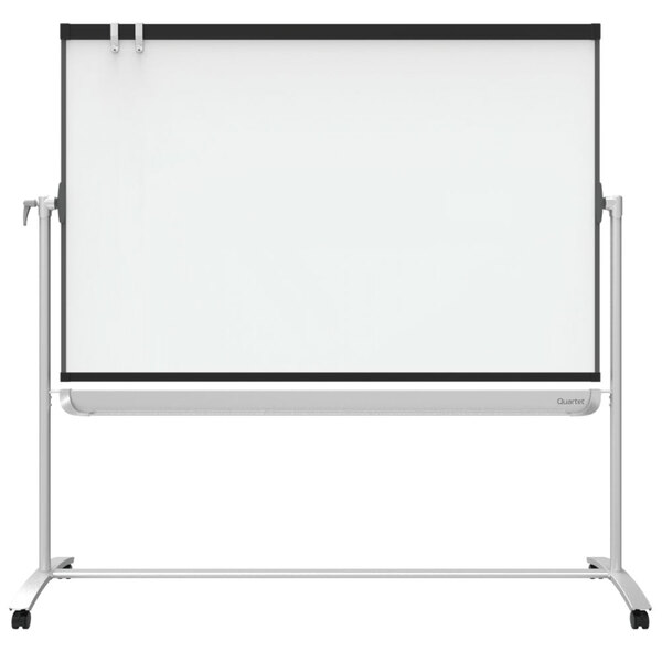 A silver and graphite Quartet mobile presentation easel with a white board on wheels.