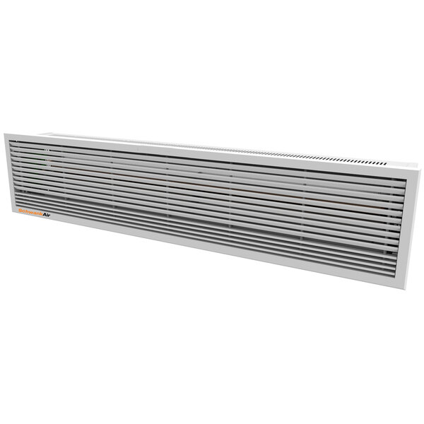 A long white rectangular Schwank air curtain with vents.