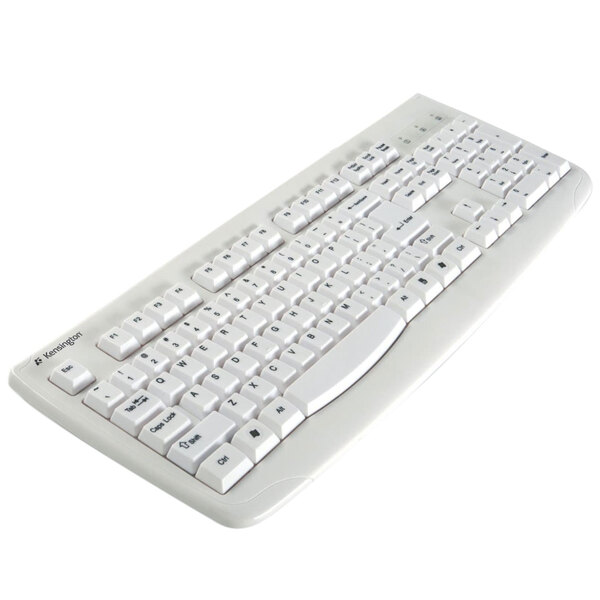 A close up of a white Kensington USB keyboard with black letters.