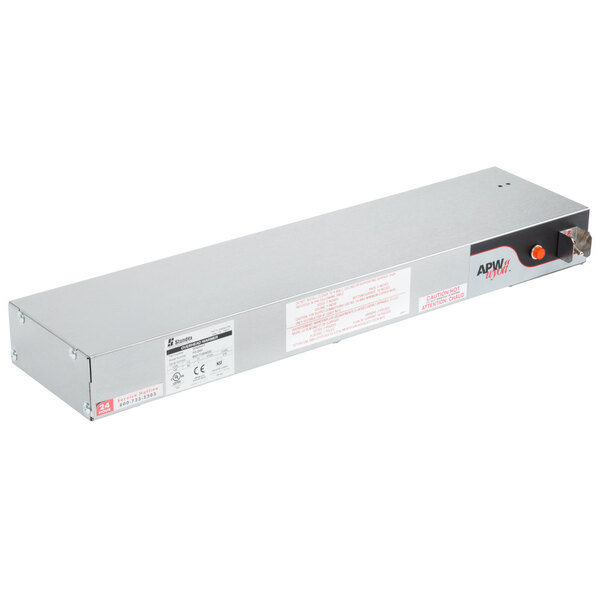 A rectangular silver metal box with red and white labels on a silver power supply.