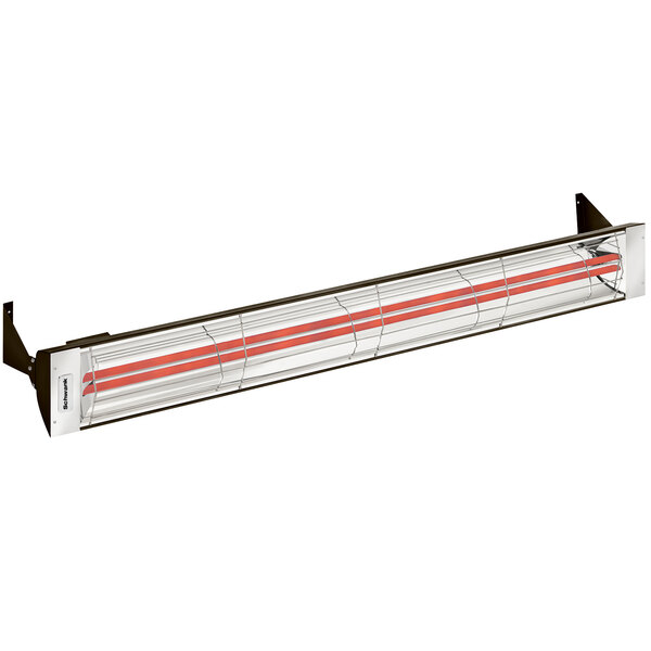 A Schwank mineral bronze outdoor patio heater with red and white lights.