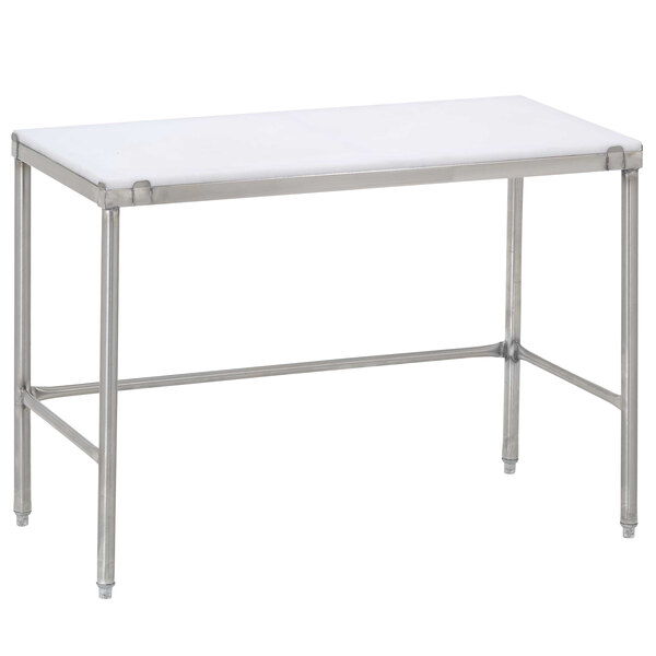 A Channel stainless steel work table with a white poly top.