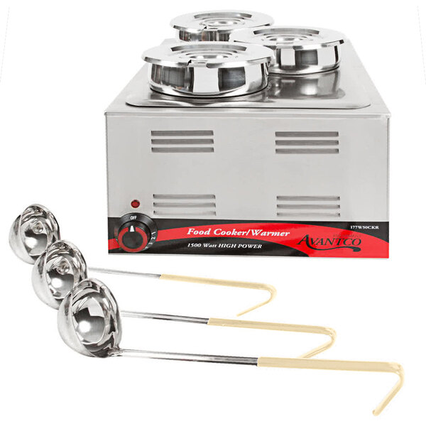 A silver rectangular Avantco countertop food warmer with three round metal insets.