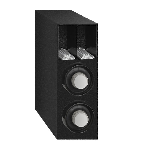 A black Vollrath countertop cup dispenser cabinet with white buttons.