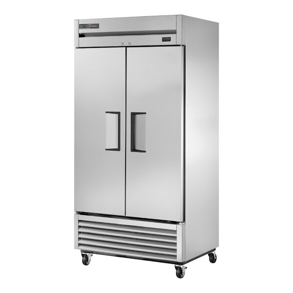 A silver True T-35-HC reach-in refrigerator with two solid doors.