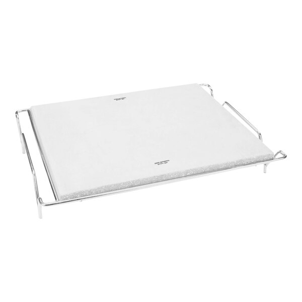 A white rectangular baking stone with a metal frame.