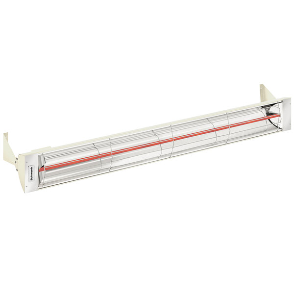 A white Schwank outdoor patio heater with red lines on the sides.