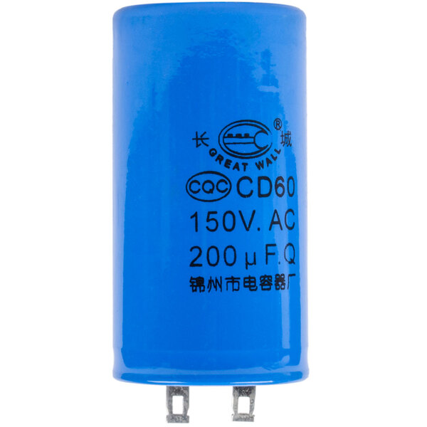 A close-up of a blue Avantco capacitor with black writing on it.
