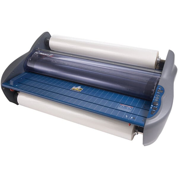 A large white and blue roll of paper.