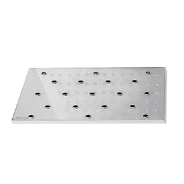 A stainless steel rectangular metal plate with holes.