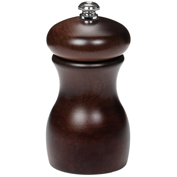 A Fletchers' Mill Marsala walnut stain pepper mill with a wooden handle and metal top.