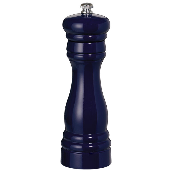A Fletchers' Mill Federal cobalt wooden pepper mill with a silver top and handle.