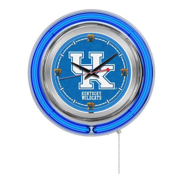 A blue and white Holland Bar Stool University of Kentucky neon clock with the Kentucky Wildcats logo.