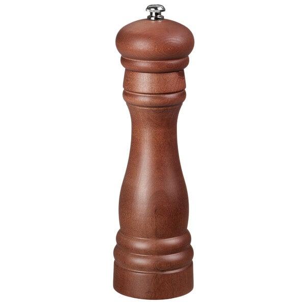 A Fletchers' Mill walnut wooden pepper mill with a silver top and wooden handle.