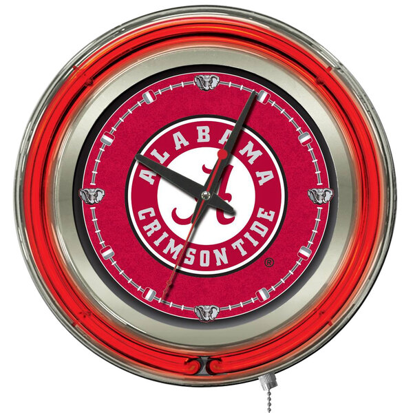 A Holland Bar Stool University of Alabama neon clock with a red and white logo.