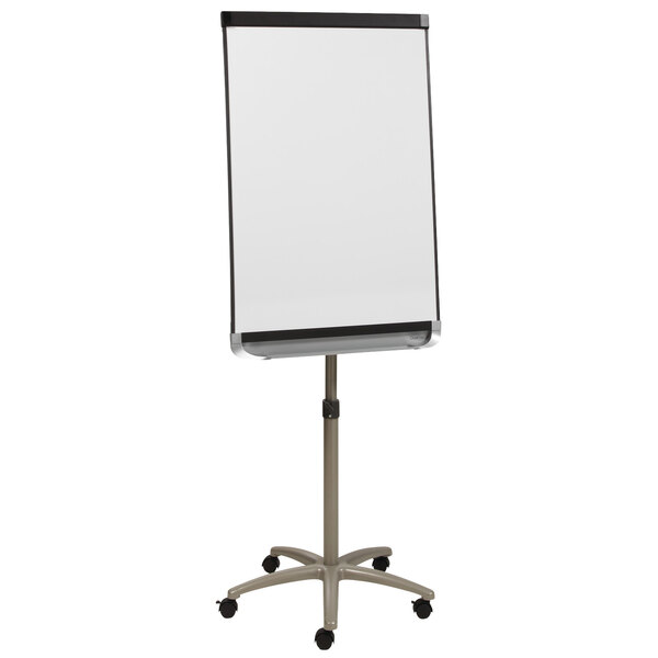 A Quartet Prestige 2 mobile magnetic whiteboard on a stand with a black base and white frame.