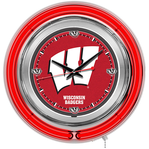 A white clock with a red neon frame and Wisconsin Badgers logo in the center.