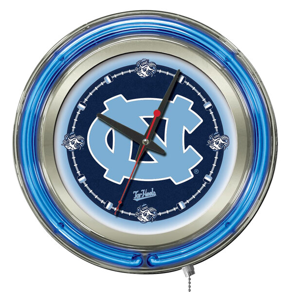 A white Holland Bar Stool clock with the University of North Carolina logo in neon.
