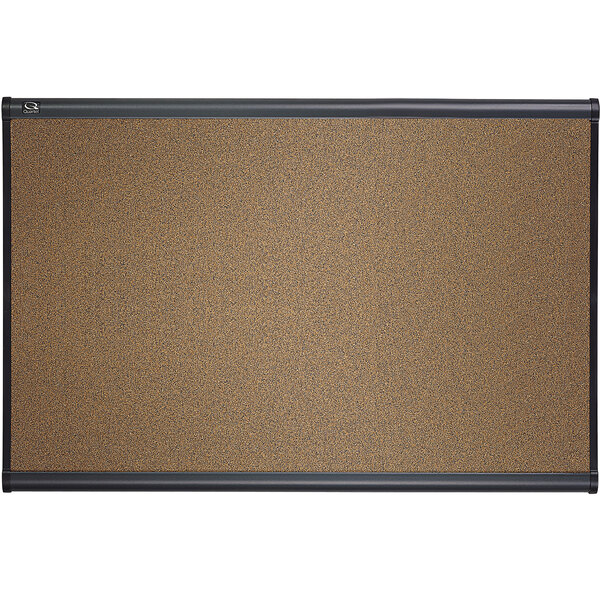 A brown cork bulletin board with a black frame.