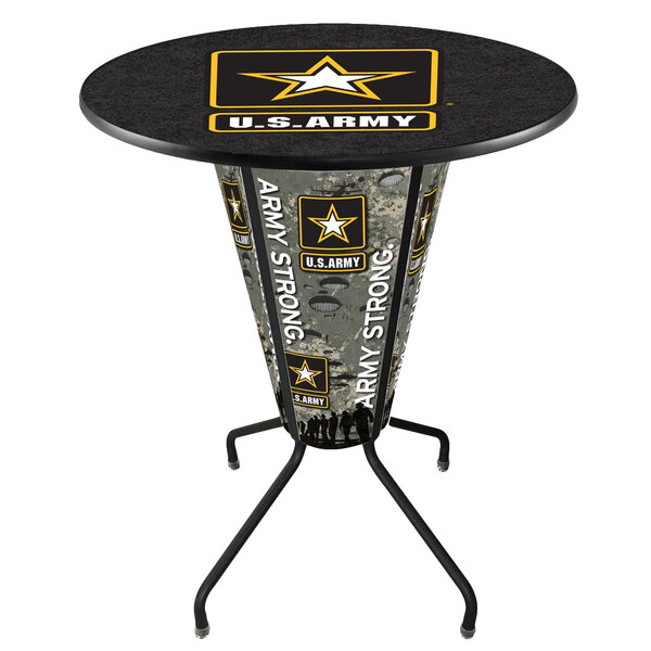 A round black and camo Holland Bar Stool United States Army pub table with the Army logo on it.