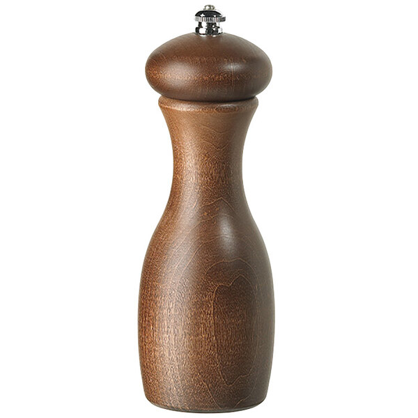 A Fletchers' Mill Marsala walnut stain pepper mill with a silver top.