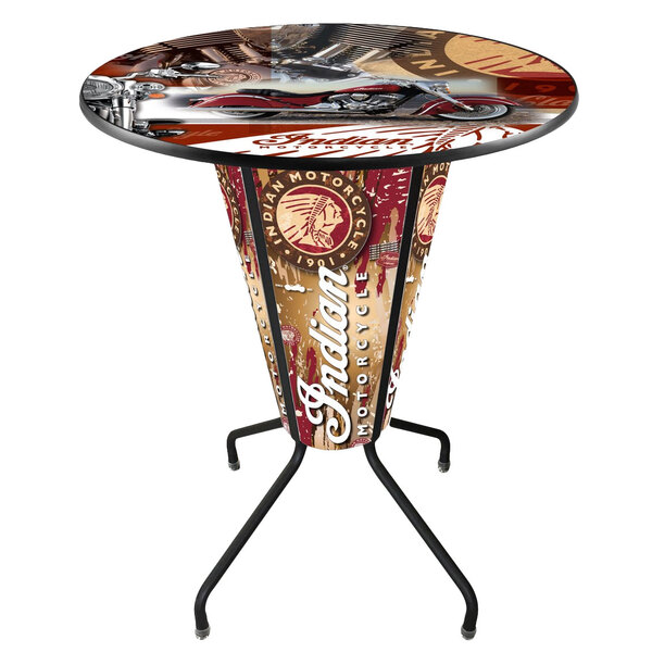 A Holland Bar Stool Indian Motorcycle round bar height pub table with motorcycle logo on the top.