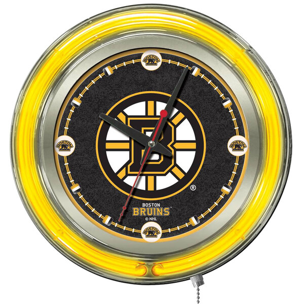 A white Holland Bar Stool clock with the Boston Bruins logo and numbers in neon.