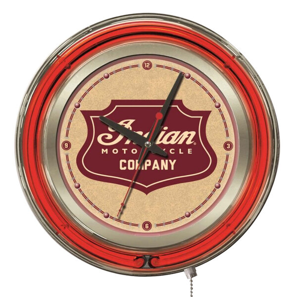 A Holland Bar Stool Indian Motorcycle neon clock with a red rim and white face with the Indian Motorcycle company logo in the center.