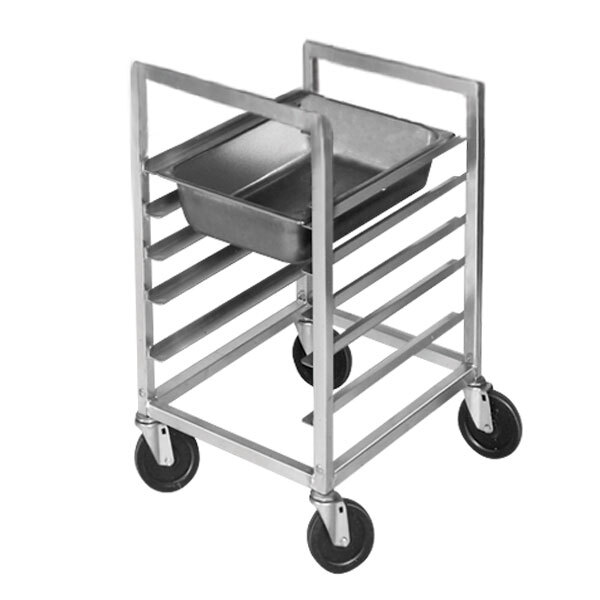 A Channel aluminum cart with metal trays on a metal rack.