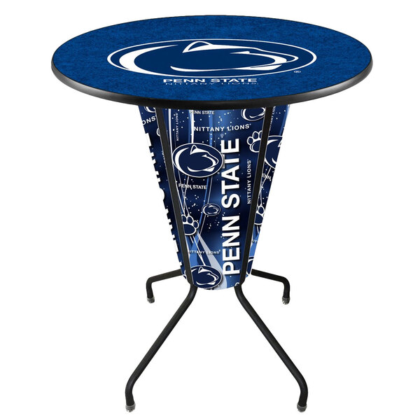 A blue and white Penn State University table with a logo on the top and metal legs.