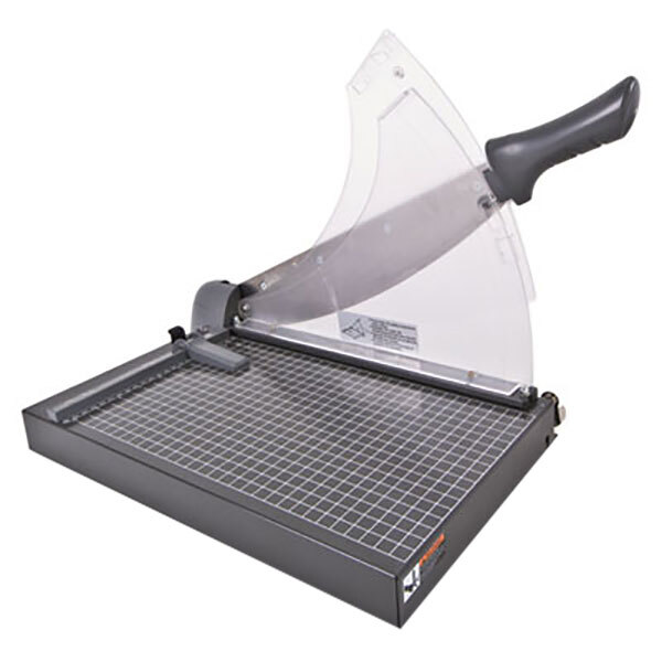 A grey Swingline guillotine paper cutter with a metal blade.